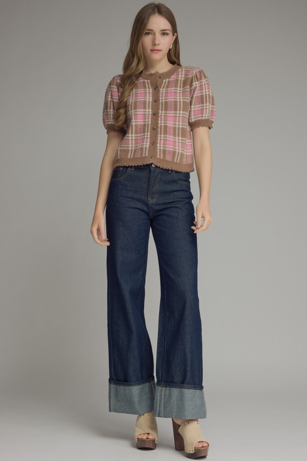 T32127 Plaid Sweater Top