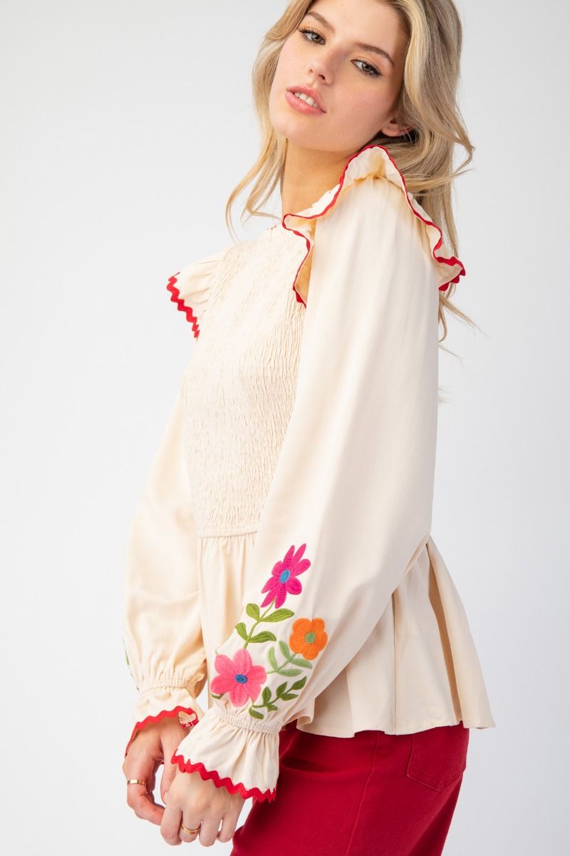 ET71136 Smocked Bodice Peplum Top