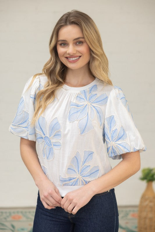 36711 Contrast Band Detailed Floral Embroidery Top
