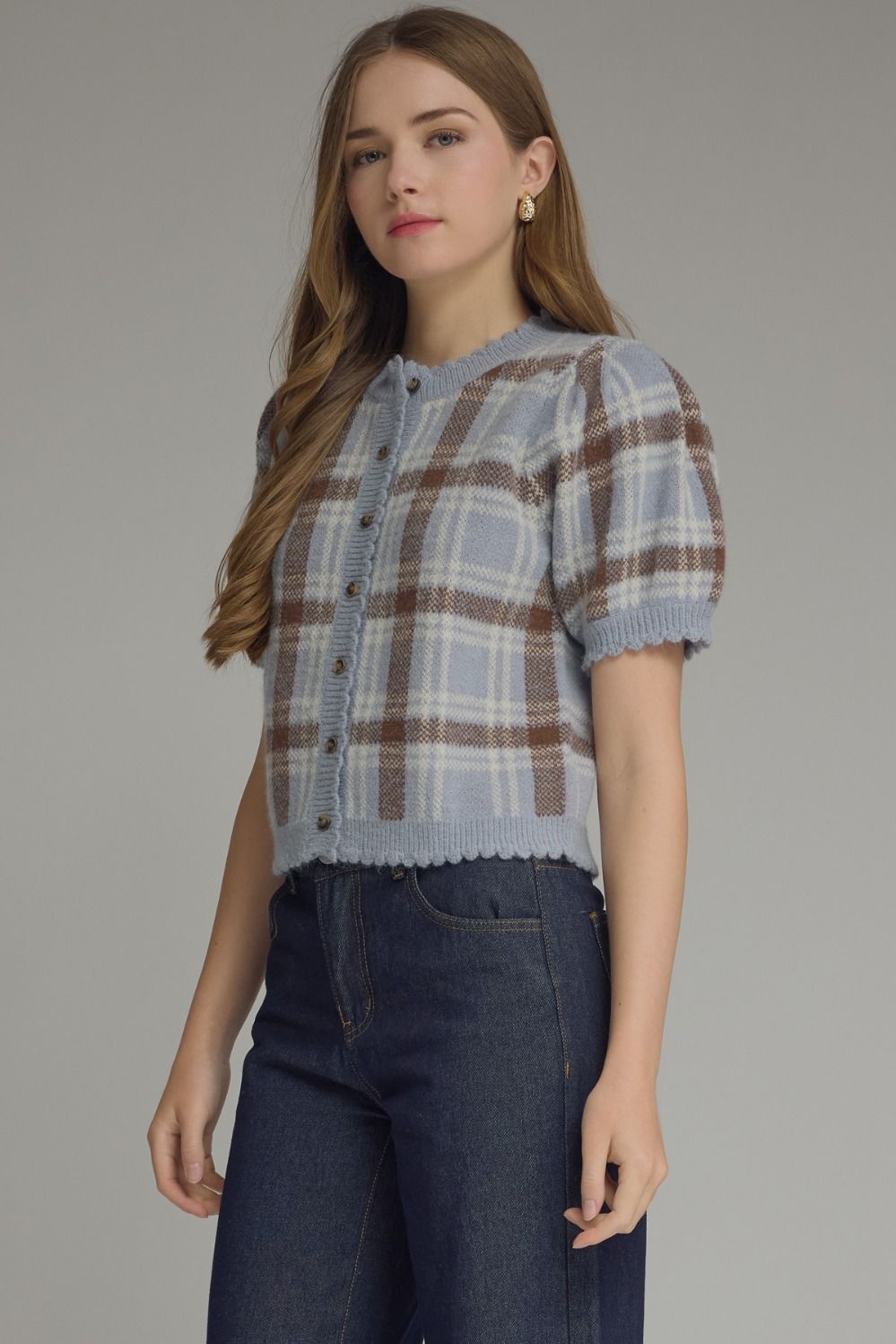 T32127 Plaid Sweater Top