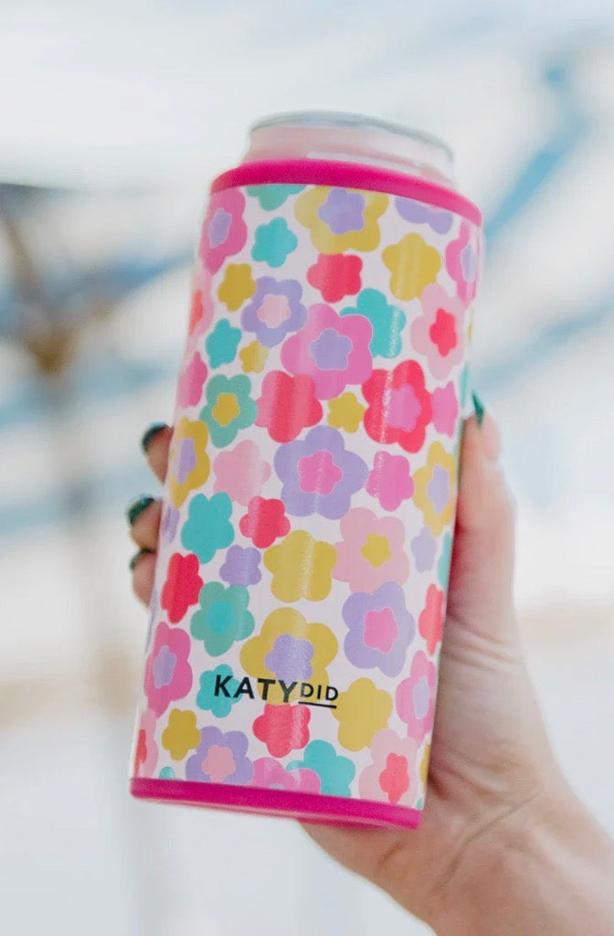 Groovy Multicolored Flowers Slim Can Cooler