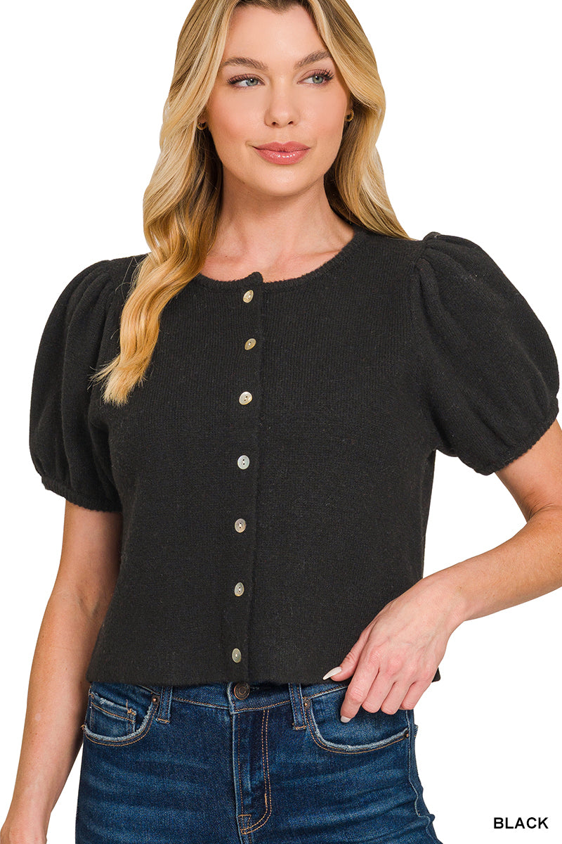 TW-2728Y Puff Sleeve Cardigan Sweater Top