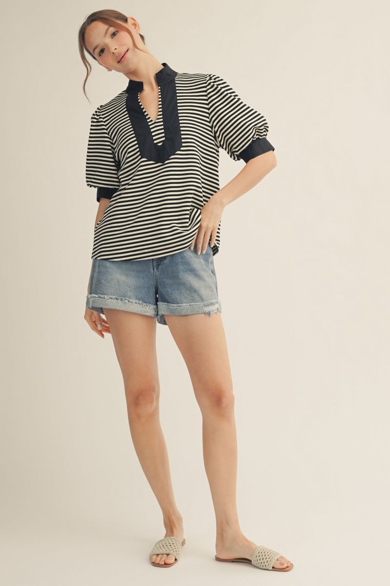 B13435-1 Stripe and Solid Contrast Top