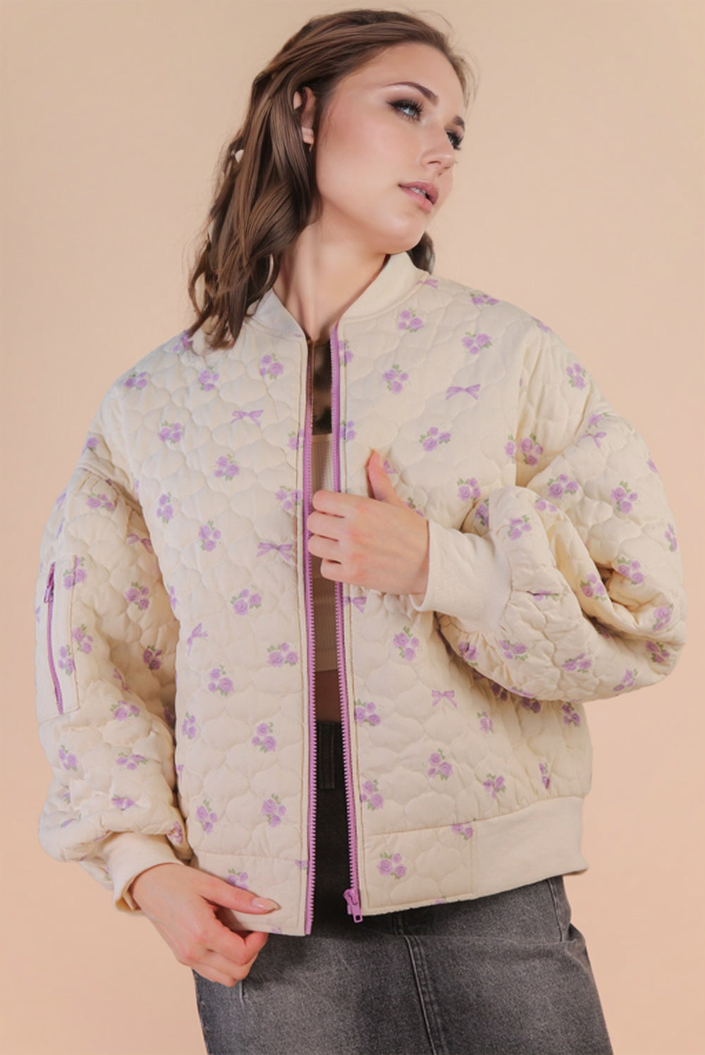 NJ90411 Floral Printed Quilted Jacket