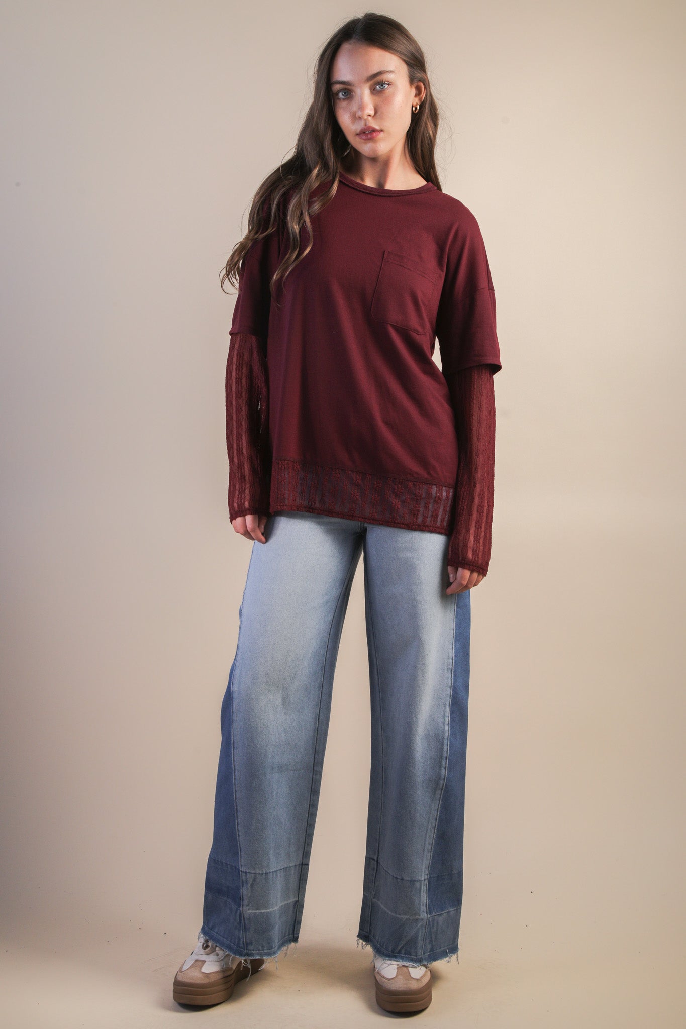 NT12351 Oversized Knit Top with Lace