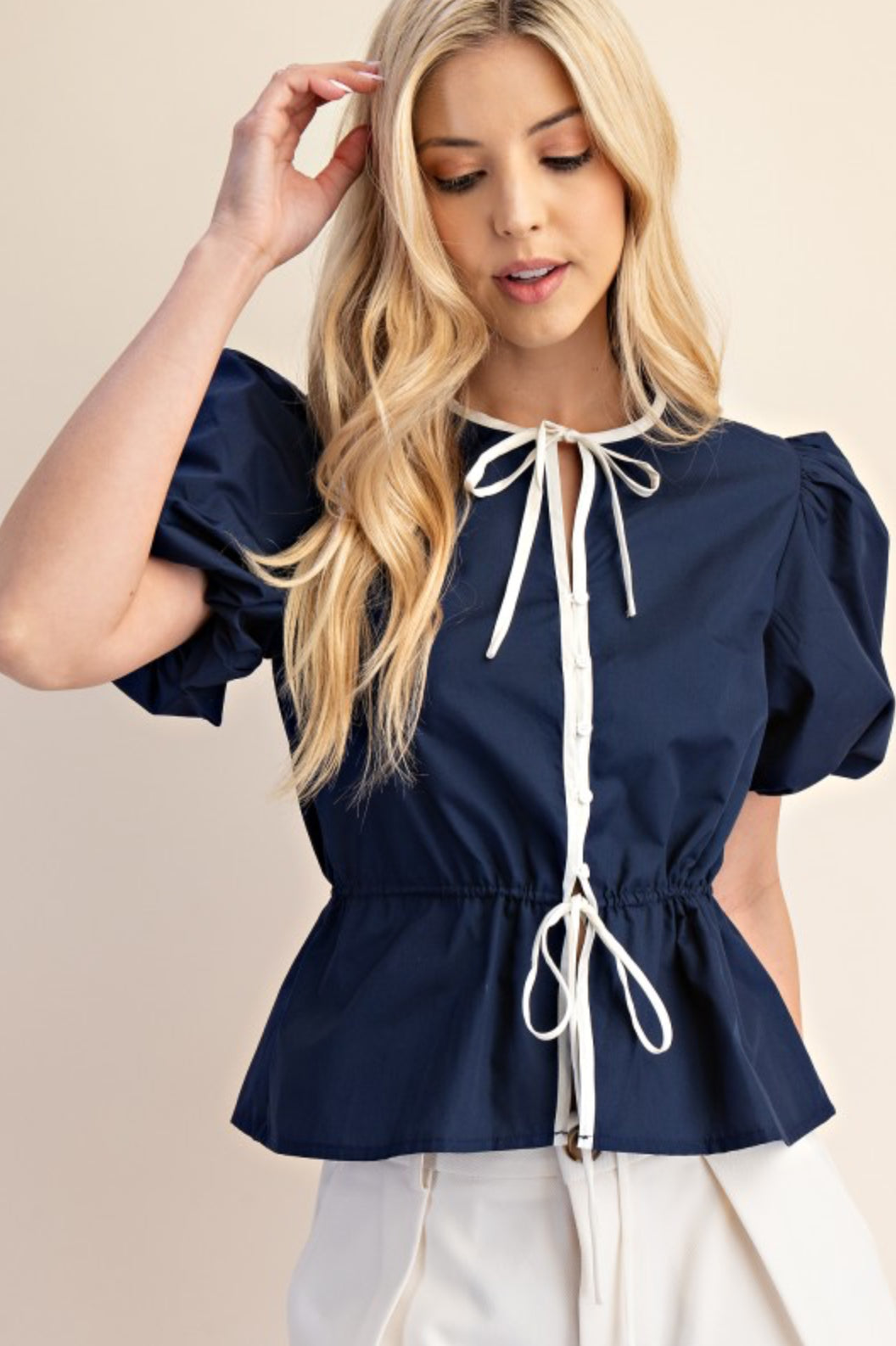 GT9028 Puff Sleeve Tie Peplum Top