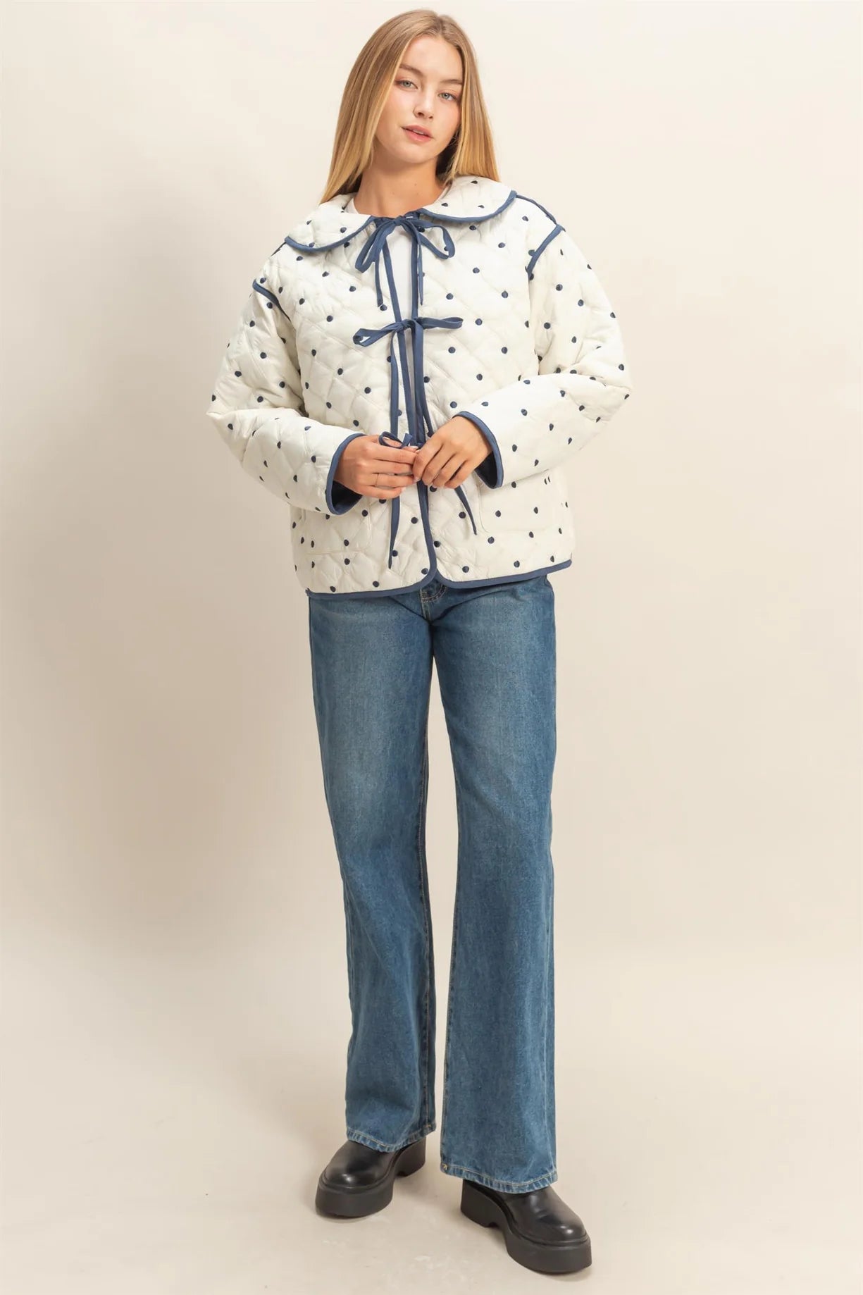 HF26A086 Polkadot Quilted Front Tie Jacket