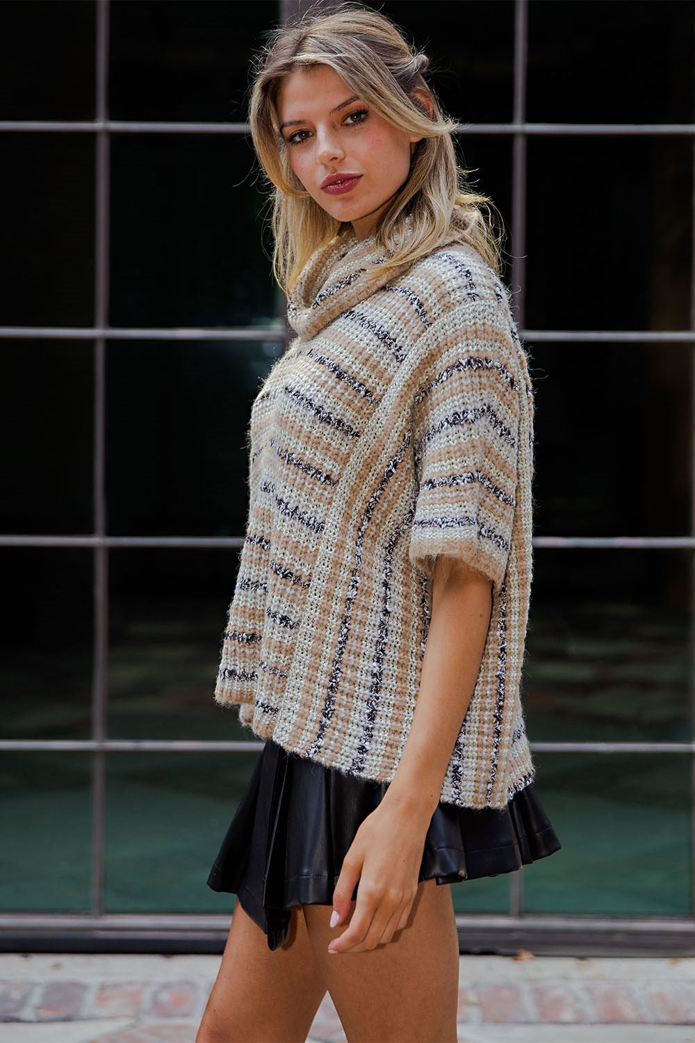 SH12980 Striped Boucle Turtleneck Sweater