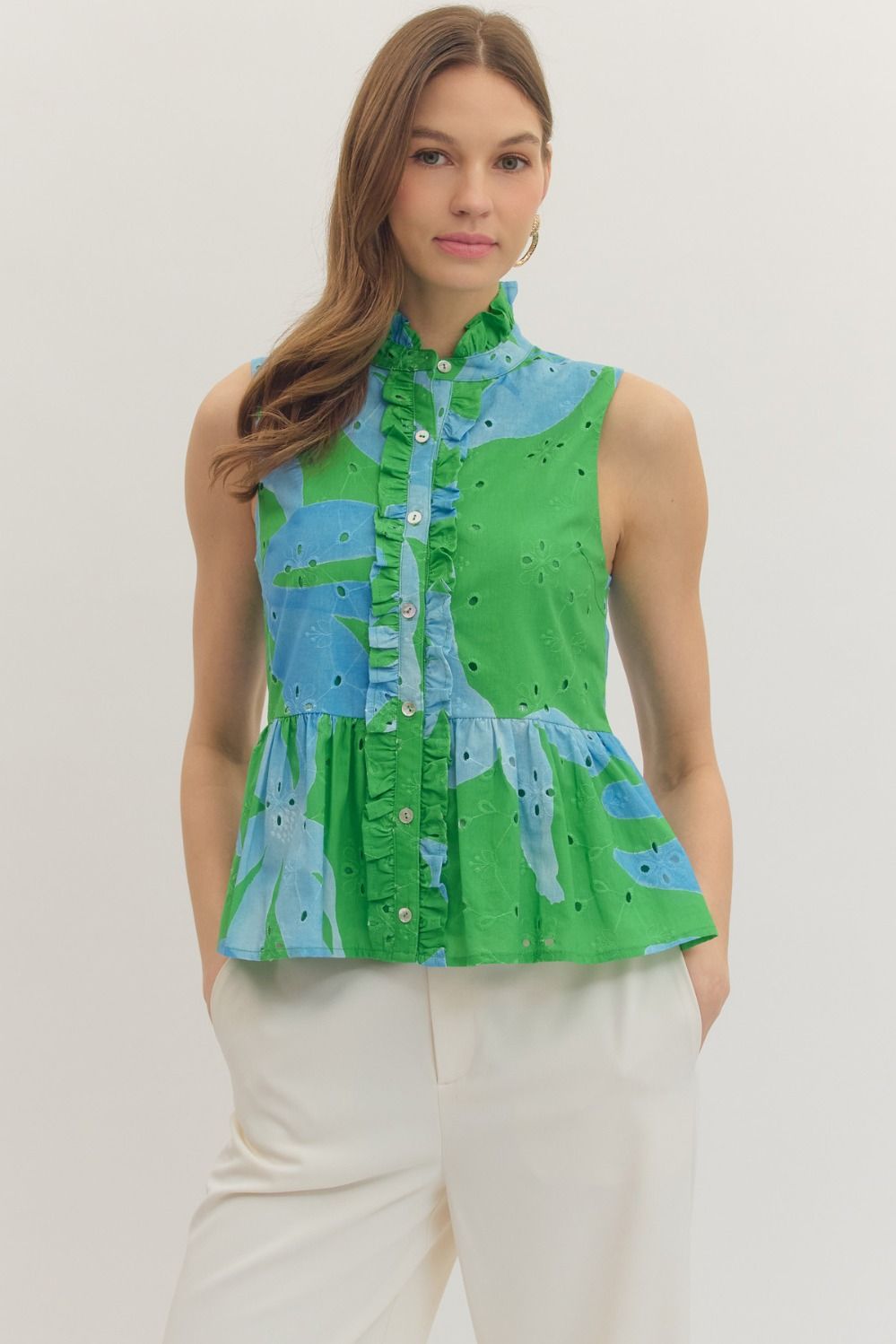 T30890 Botanical Print Sleeveless Peplum Top