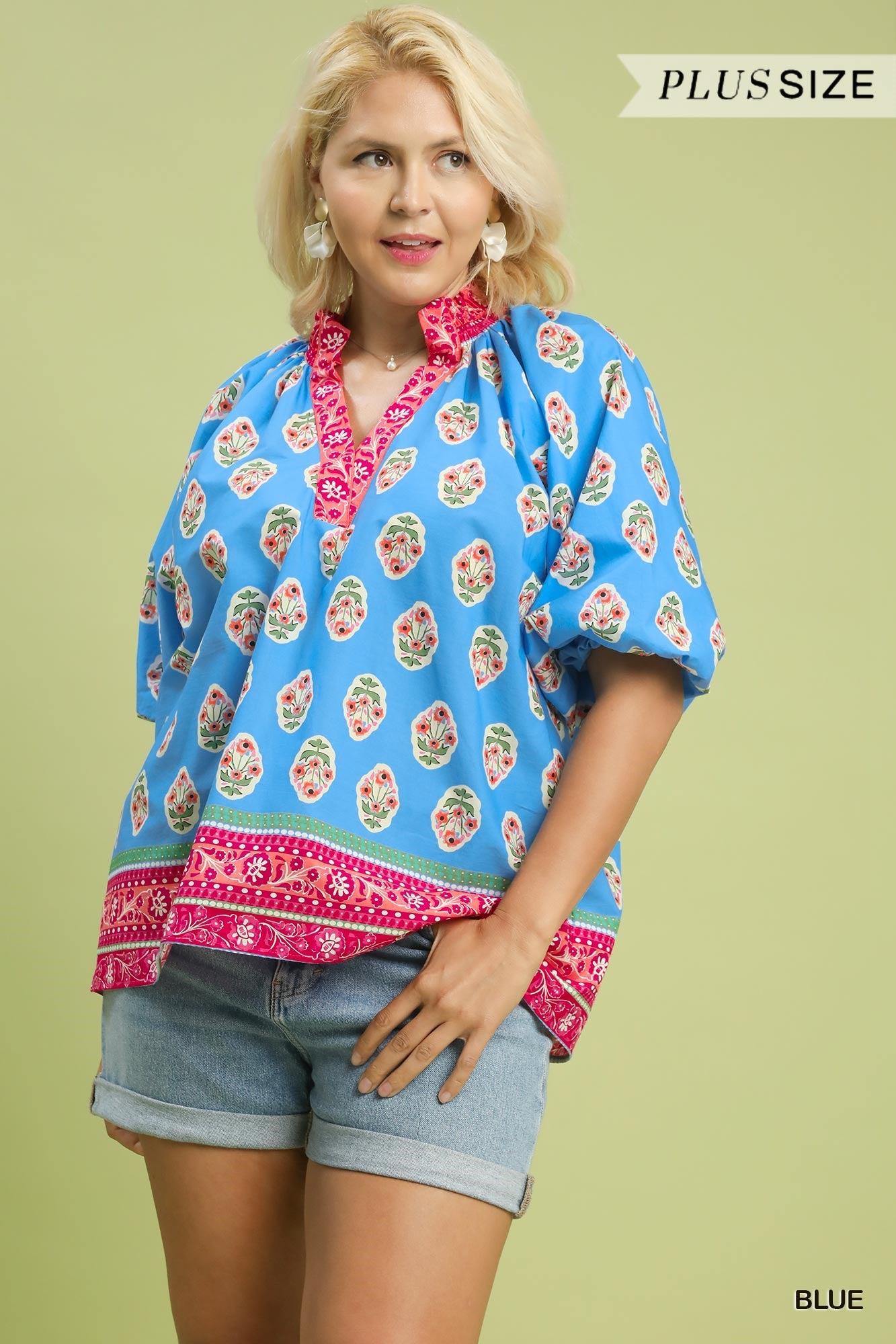 WC5922 Curvy Boho Border Print Peasant Top