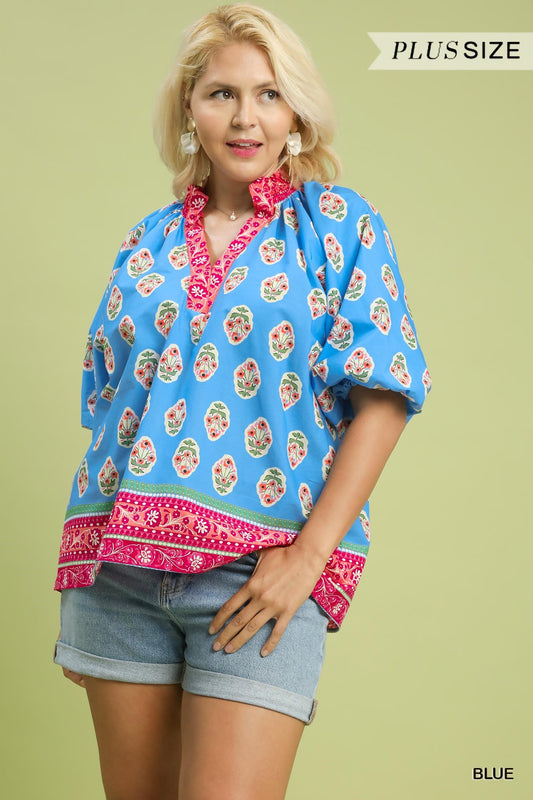 WC5922 Curvy Boho Border Print Peasant Top
