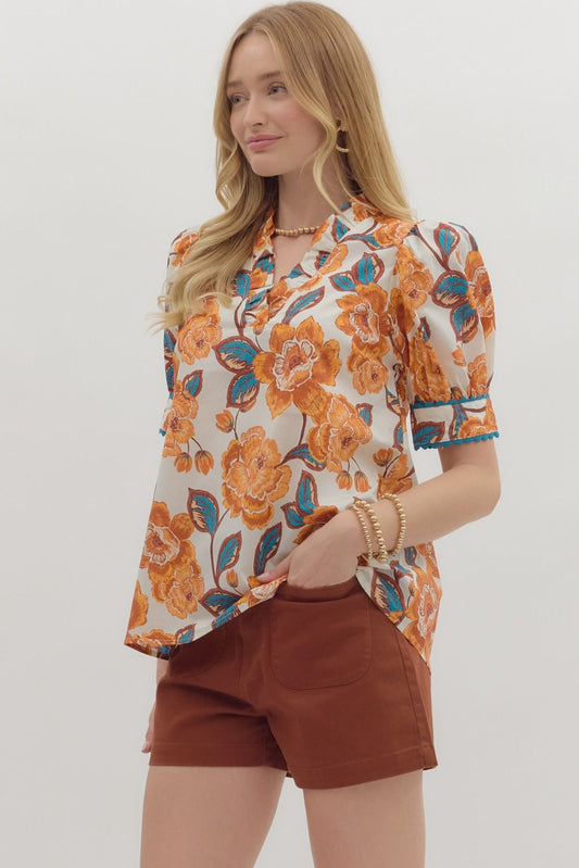 T27329 Floral Print Contrast Trim Top