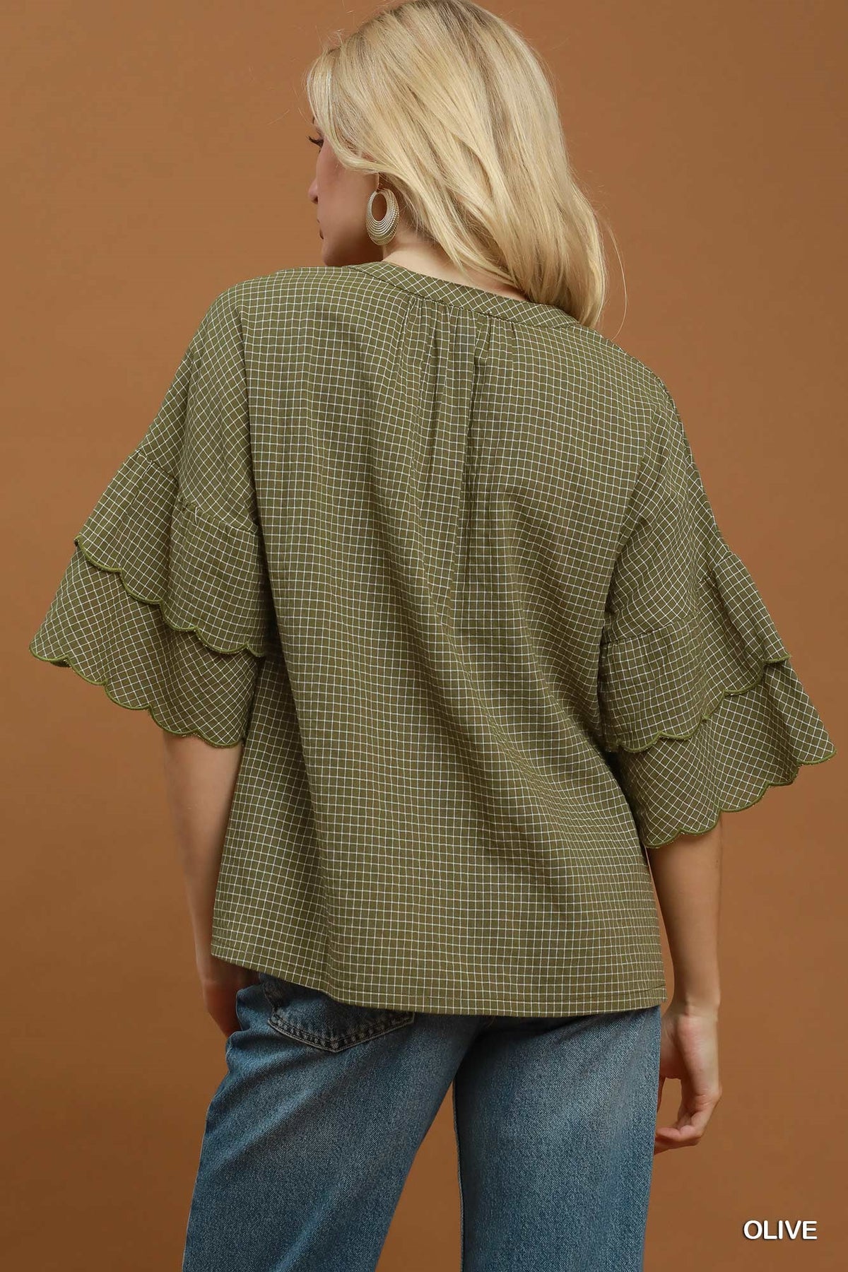 N7120 Checkered Top with Tiered Ruffle Sleeves