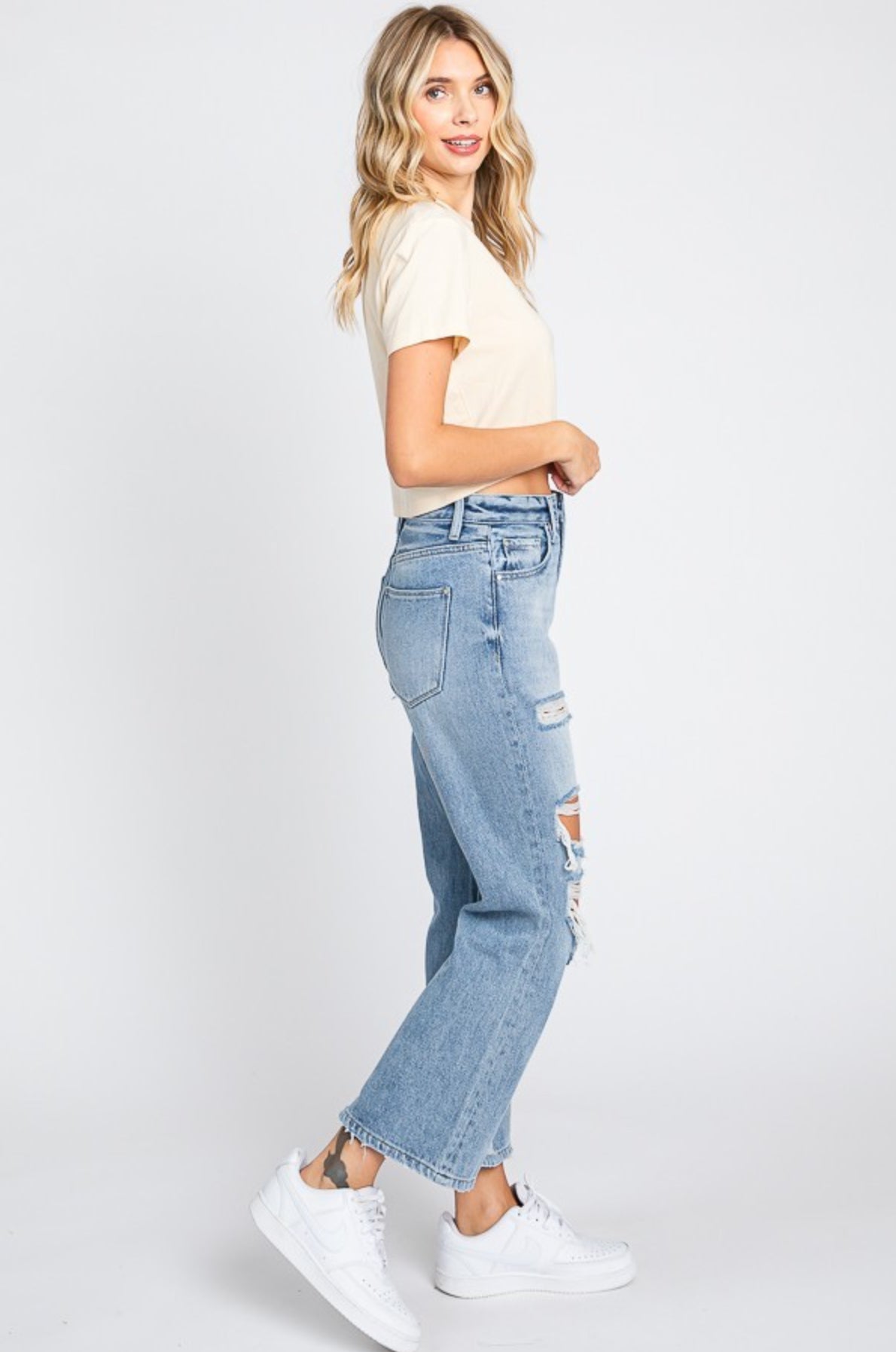 P1043F-ML Distressed High Rise Cropped Flare Jeans