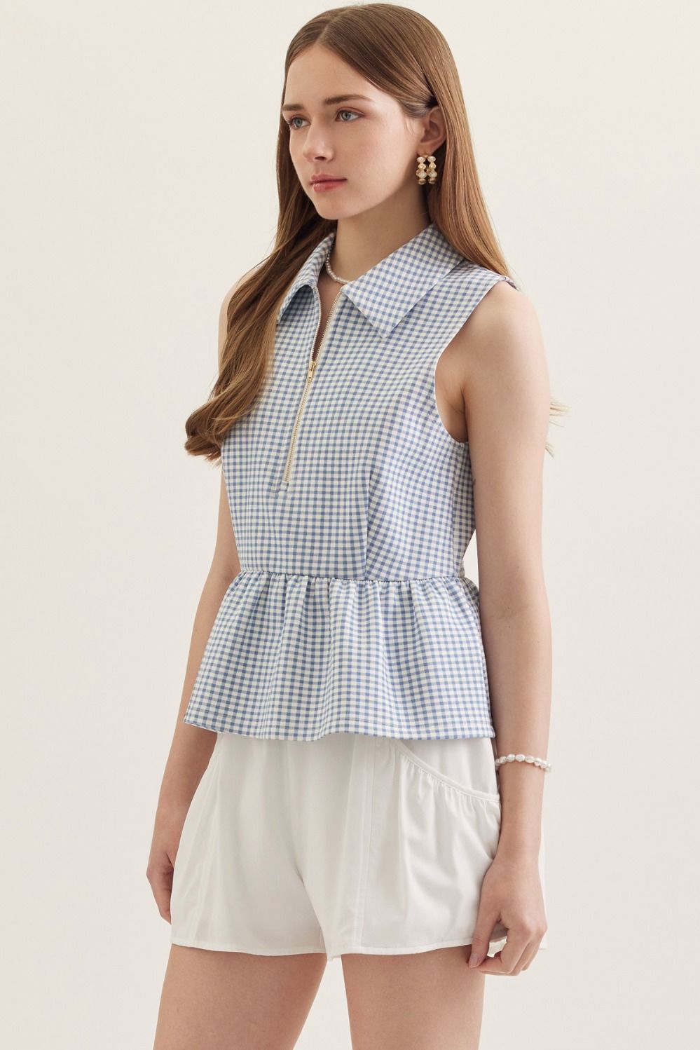 T30068 Gingham Sleeveless Peplum Top