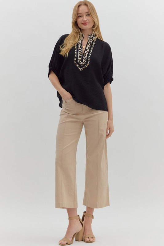 T27371 Solid Leopard Accented Top