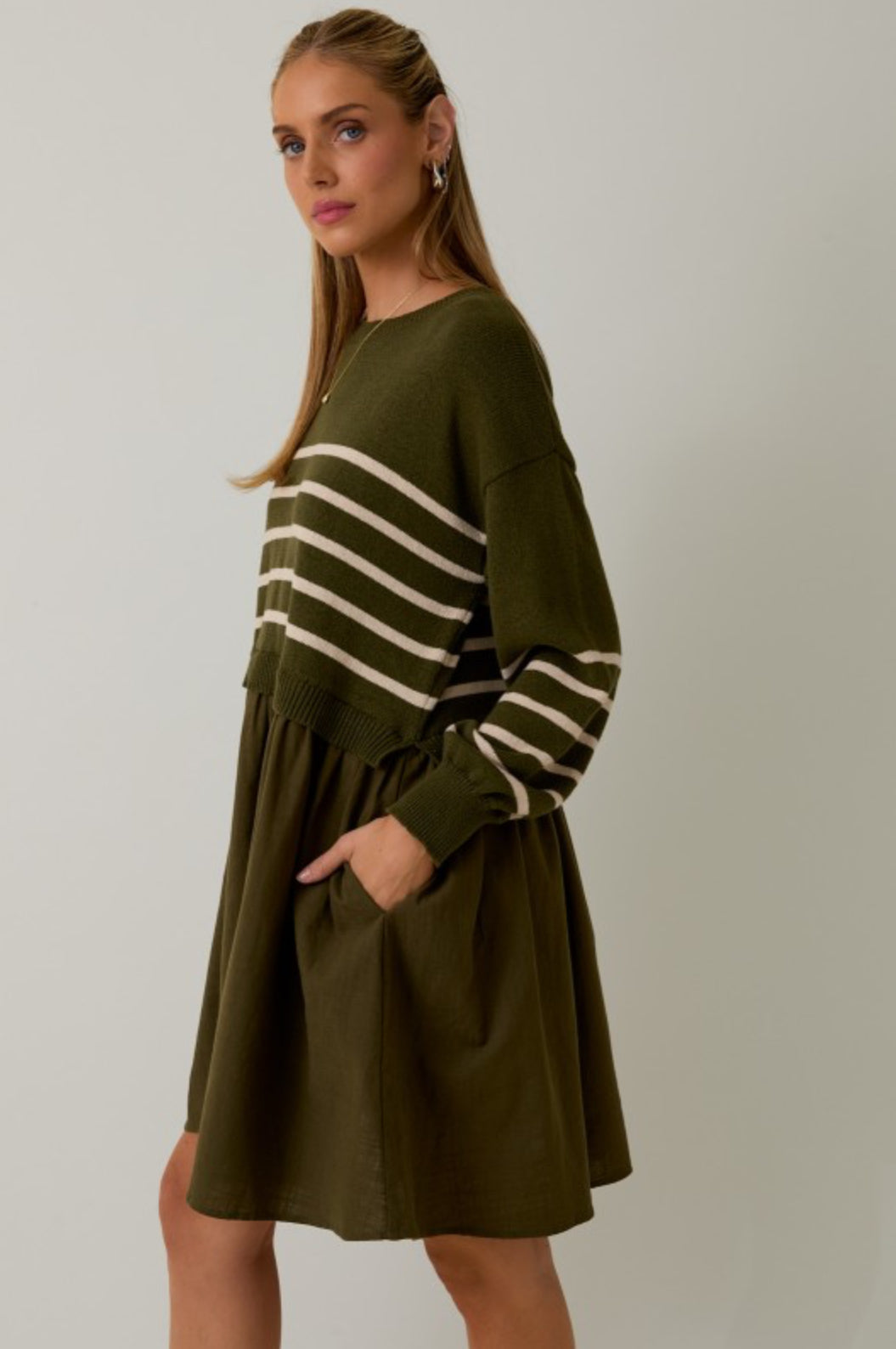 ZWD1044 Striped Knit and Woven Mix Mini Dress