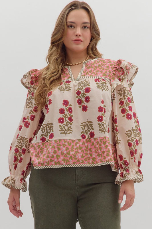 T28295P Curvy Multi-Print Long Sleeve Top