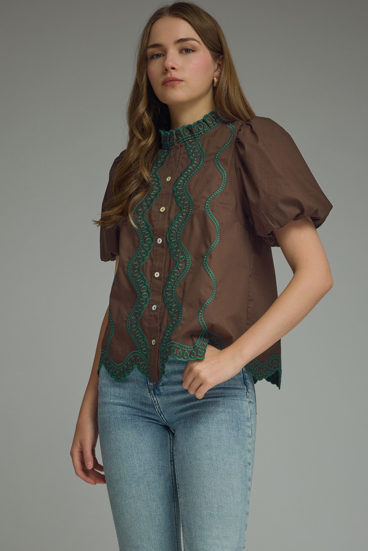 T31792 Embroidered Scallop Trim Detail Top