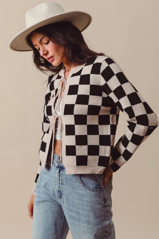ST2146-01 Front Tie Checkered Sweater