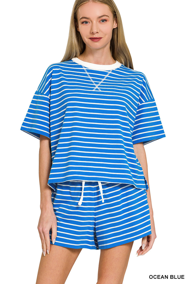 CTCP-3560 Round Neck Striped Shorts Set