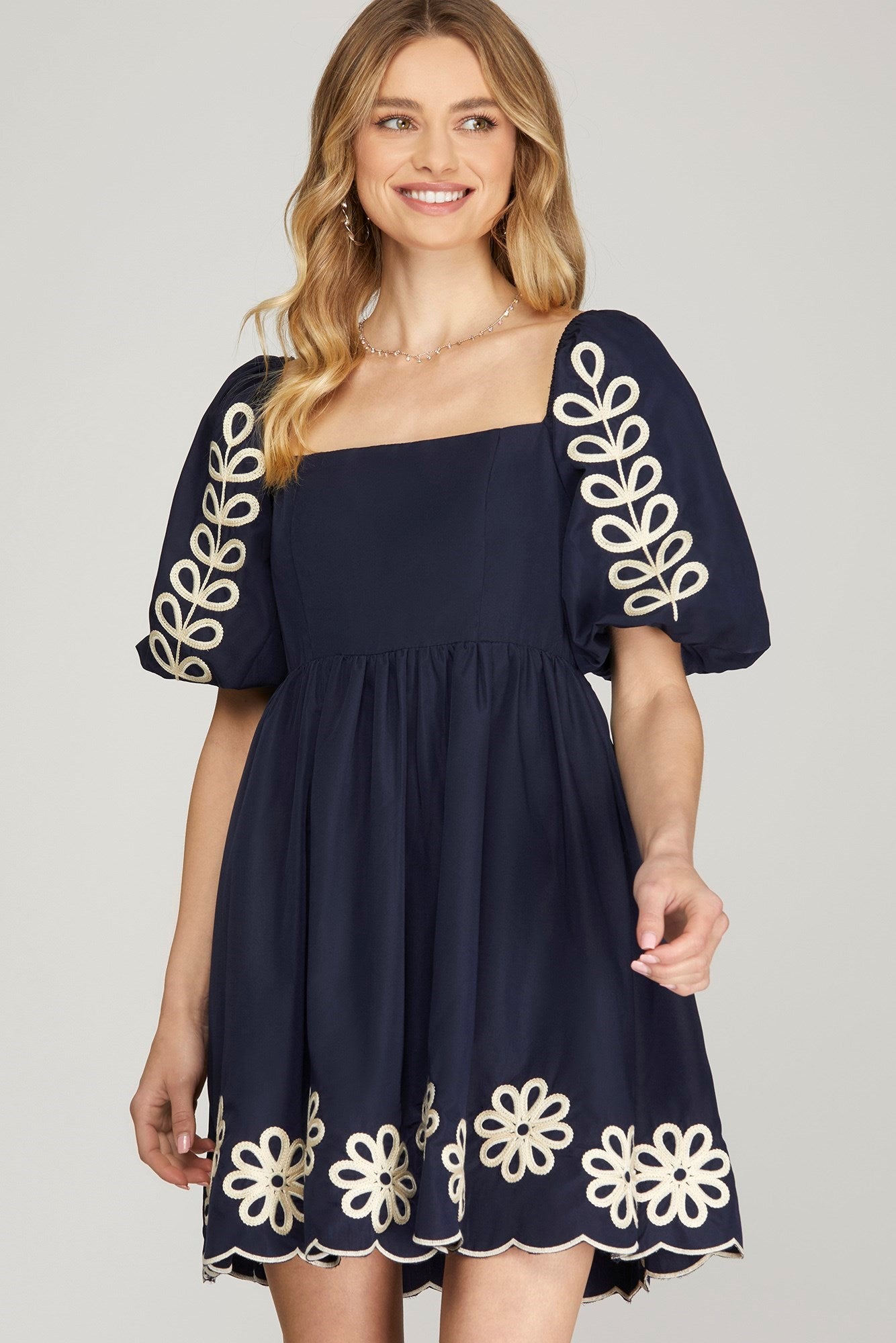 SY7250 Puff Sleeve Embroidered Dress