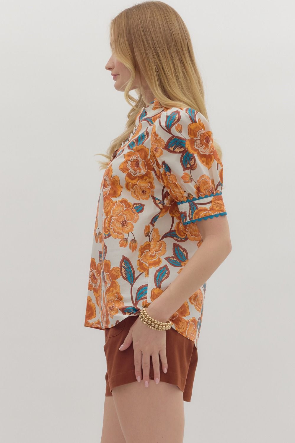 T27329 Floral Print Contrast Trim Top