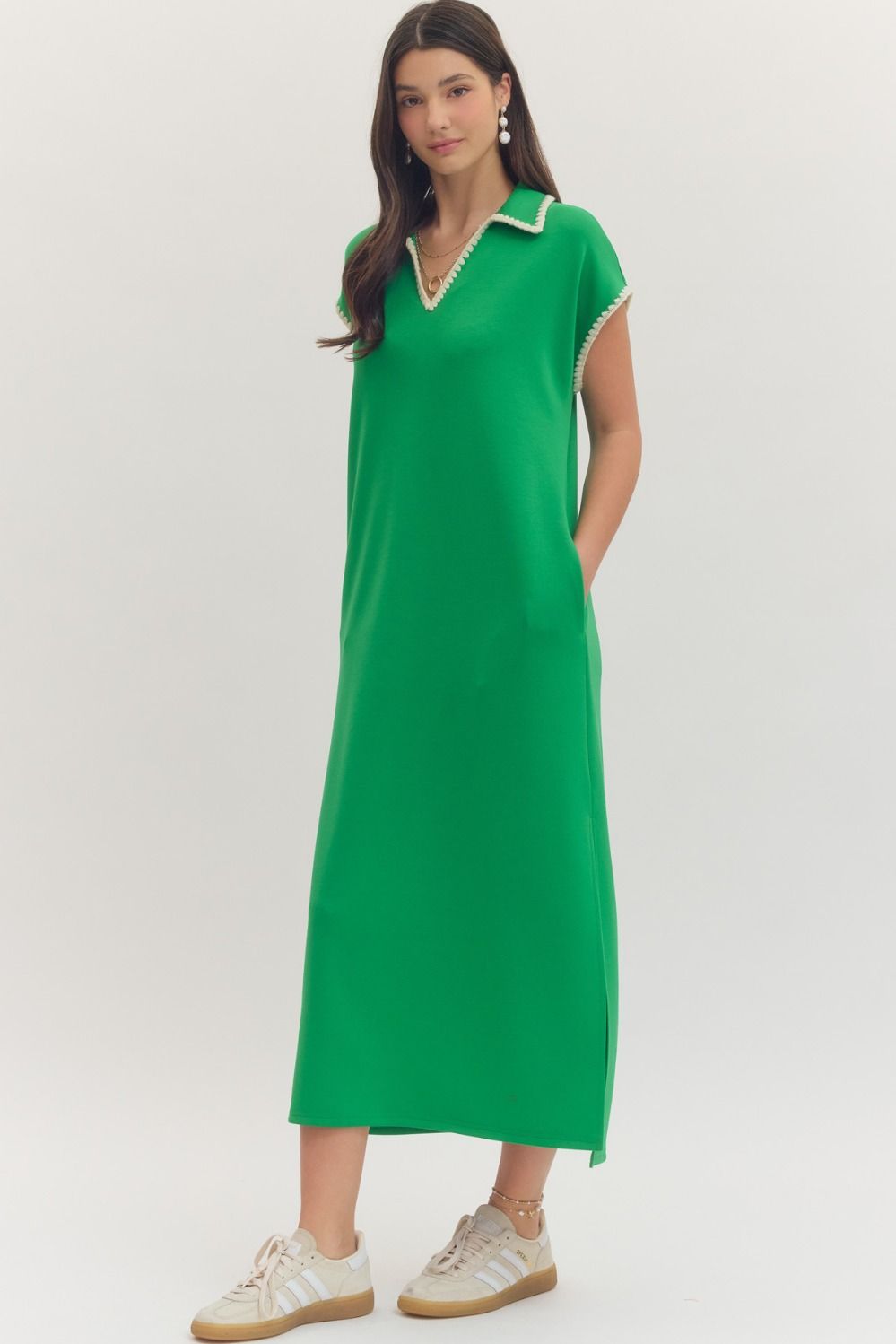 D31369 Solid Contrast Trim Midi Dress