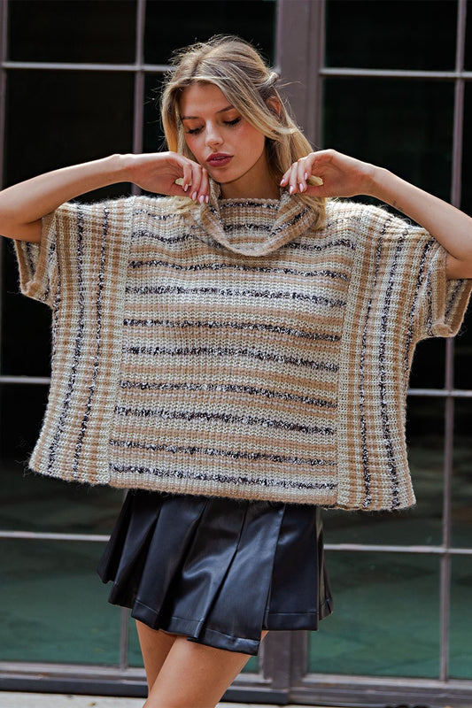 SH12980 Striped Boucle Turtleneck Sweater