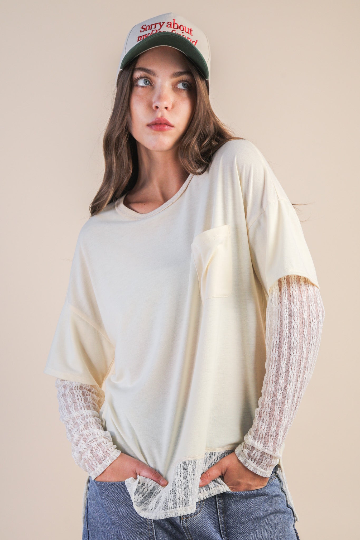 NT12351 Oversized Knit Top with Lace