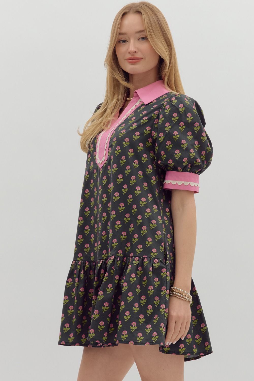 D27511 Floral Print Bubble Sleeve Dress