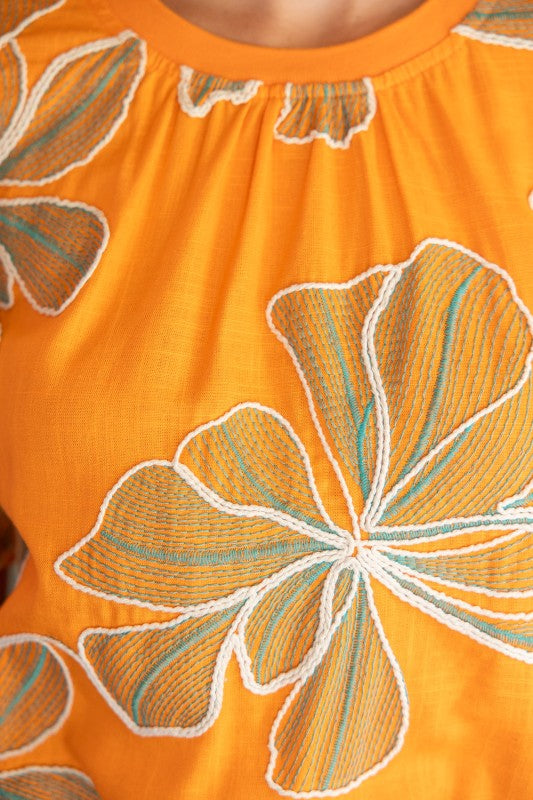 36711 Contrast Band Detailed Floral Embroidery Top