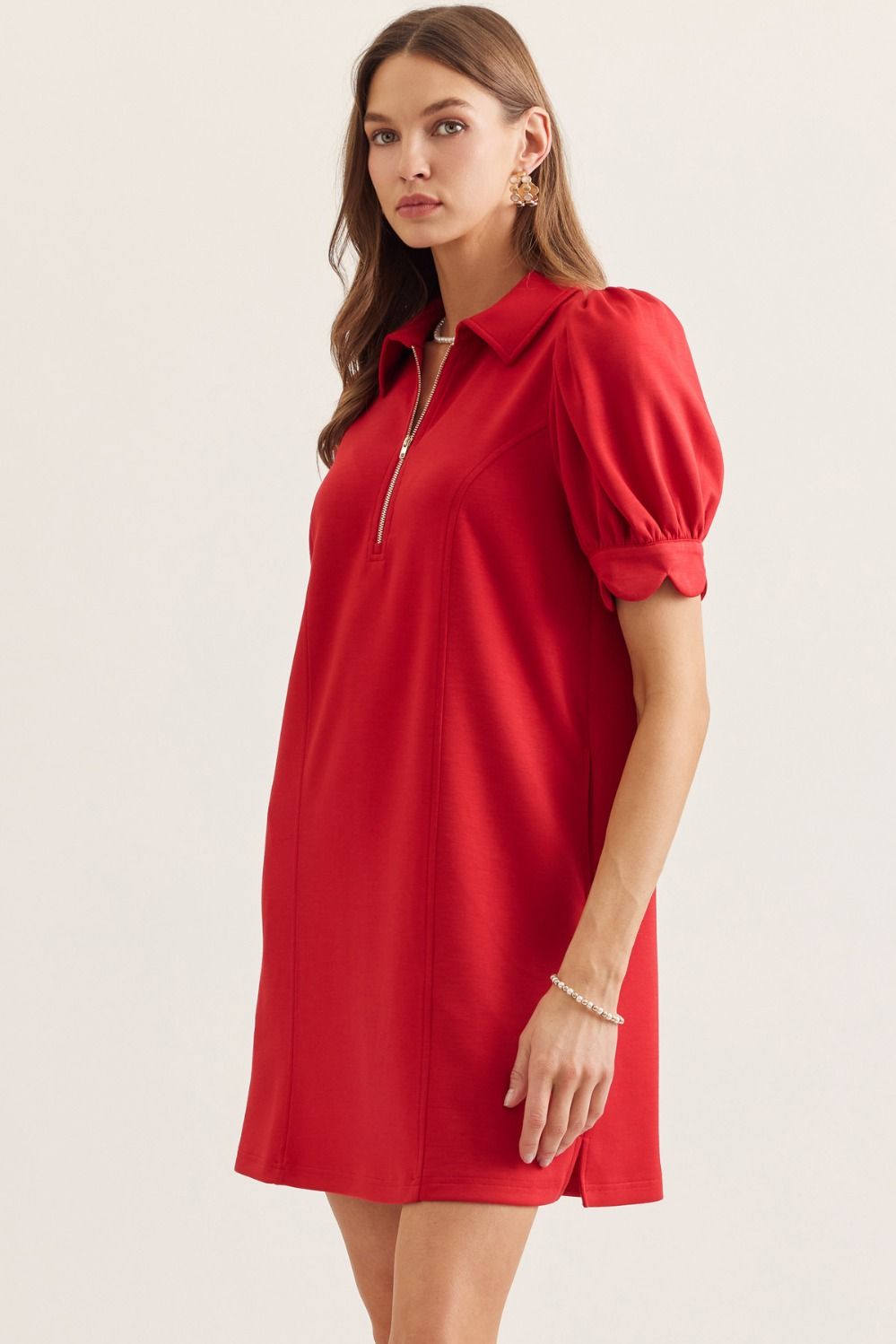 D30134 Solid Mini Dress with Scallop Details