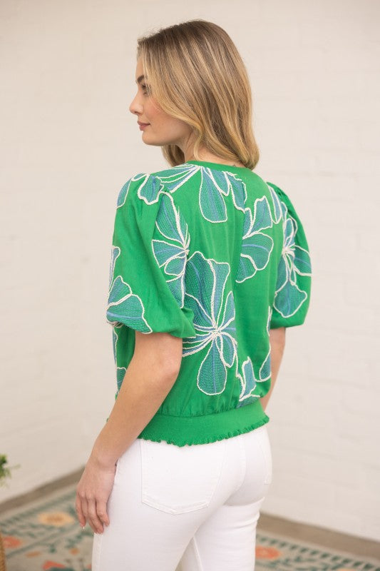 36711 Contrast Band Detailed Floral Embroidery Top