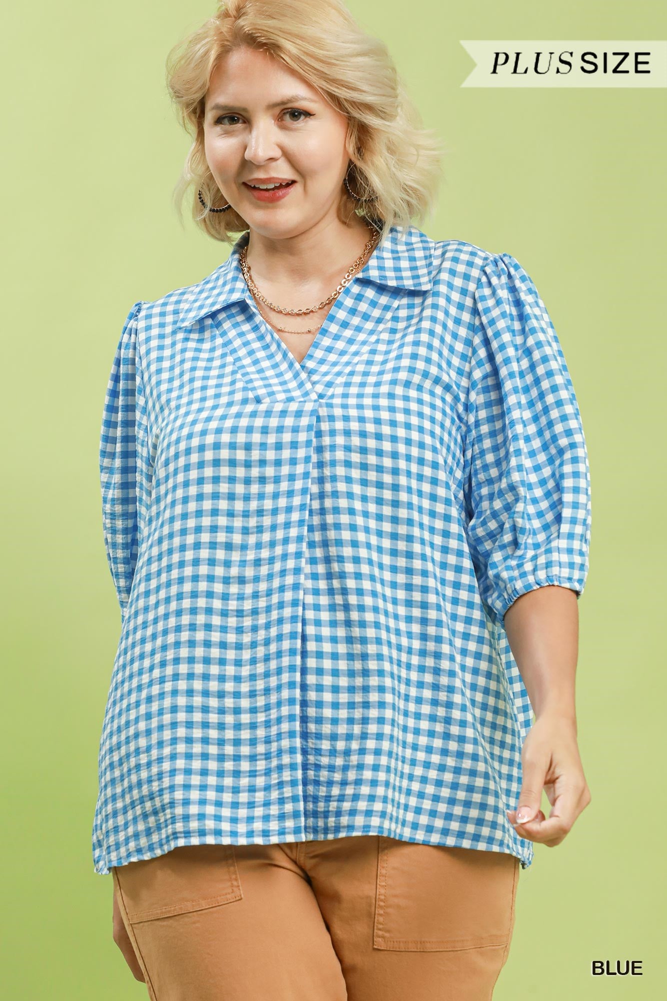 WC6390 Curvy Gingham Collared Blouse