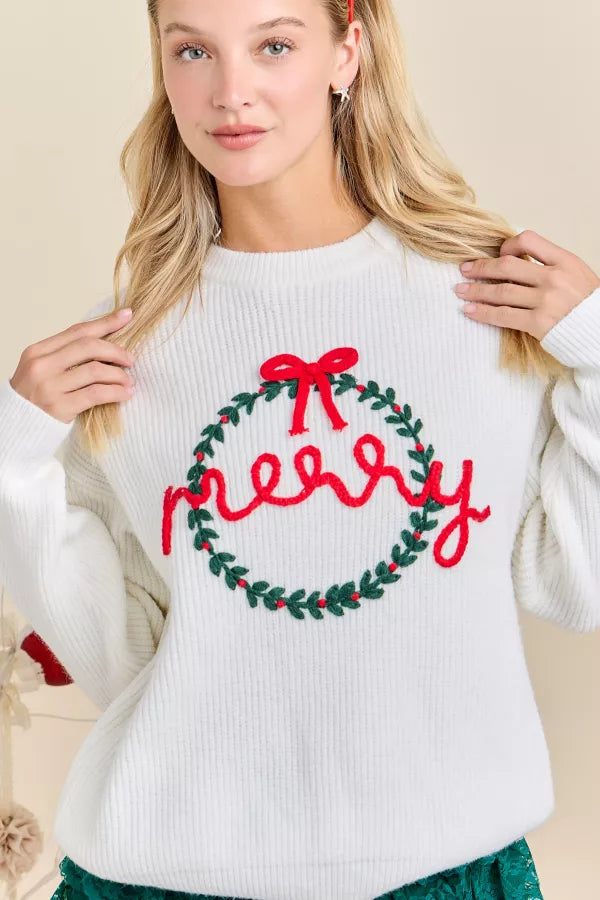 CL21050 Merry Embroidered Wreath Sweater