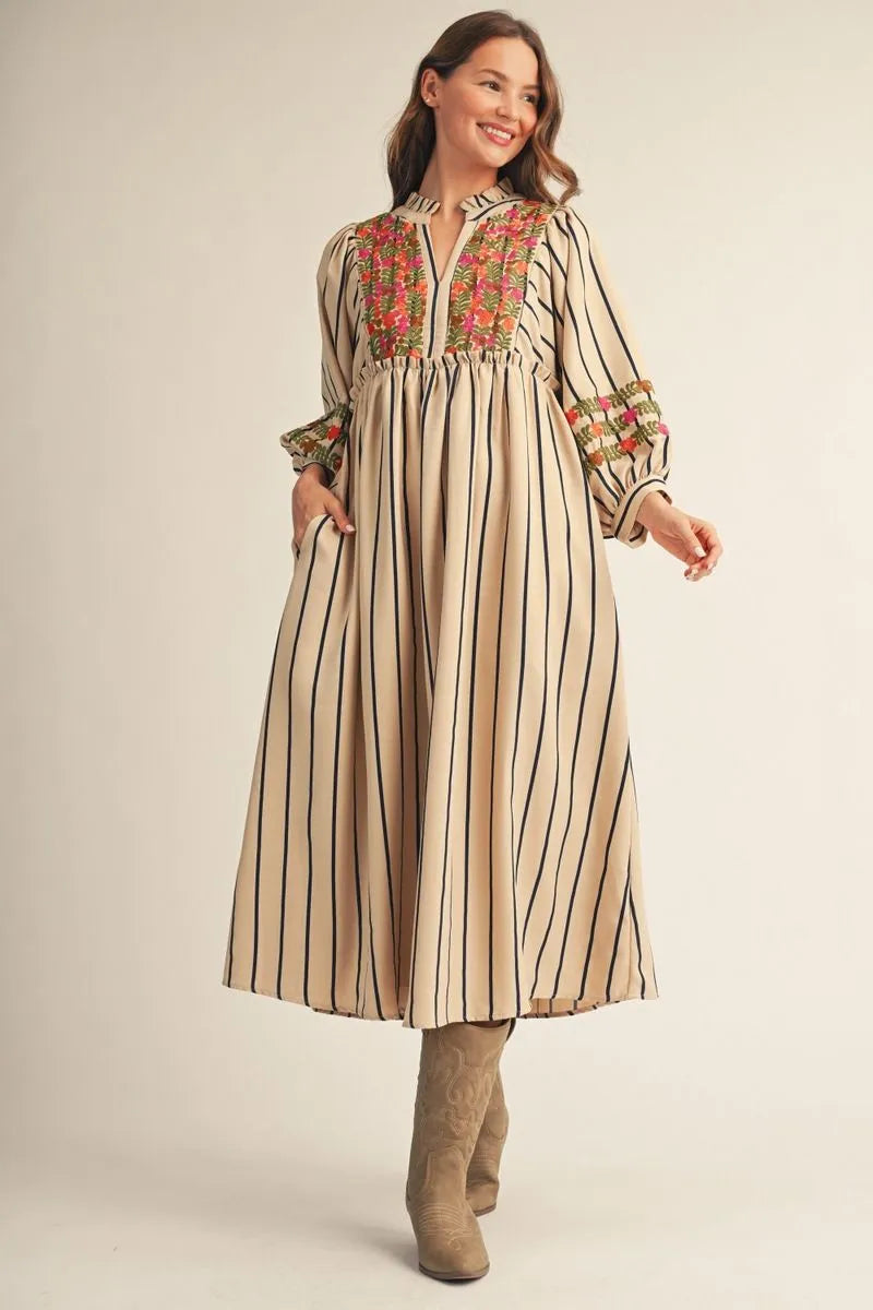 B12672-2 Stripe Peasant Style Midi Dress