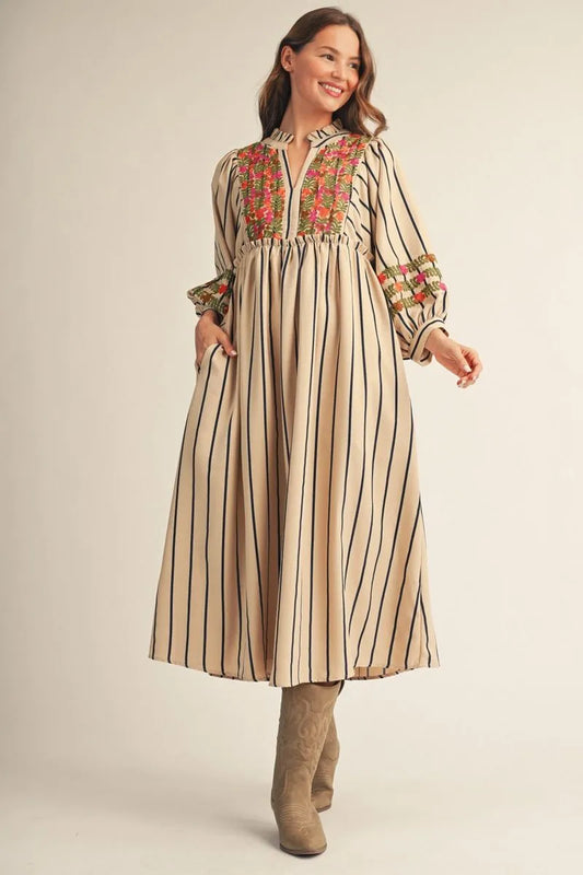 B12672-2 Stripe Peasant Style Midi Dress