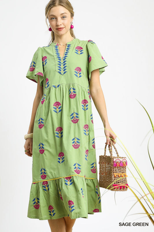 K0261 Embroidered Tiered Midi Dress