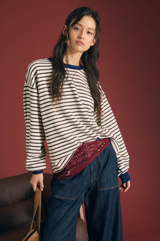 B6FT1069 Stripe V-Stitch Top