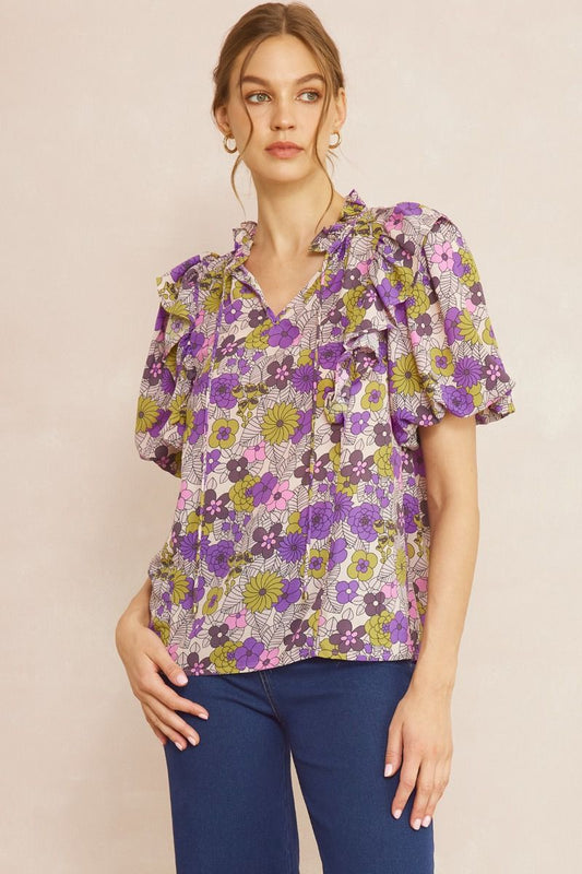T21322 Floral Print V-Neck Top