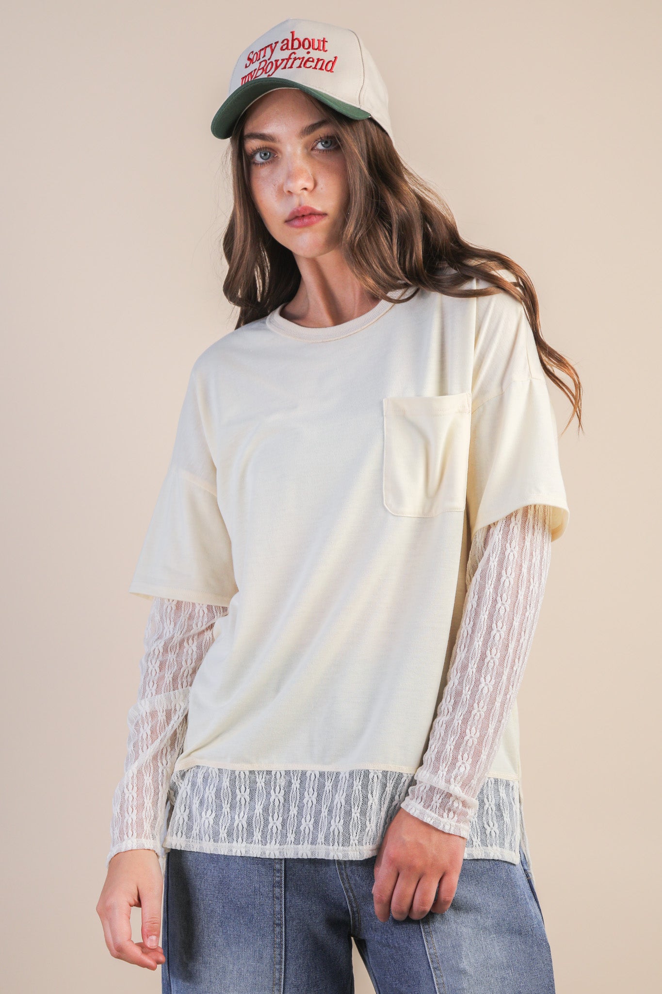 NT12351 Oversized Knit Top with Lace