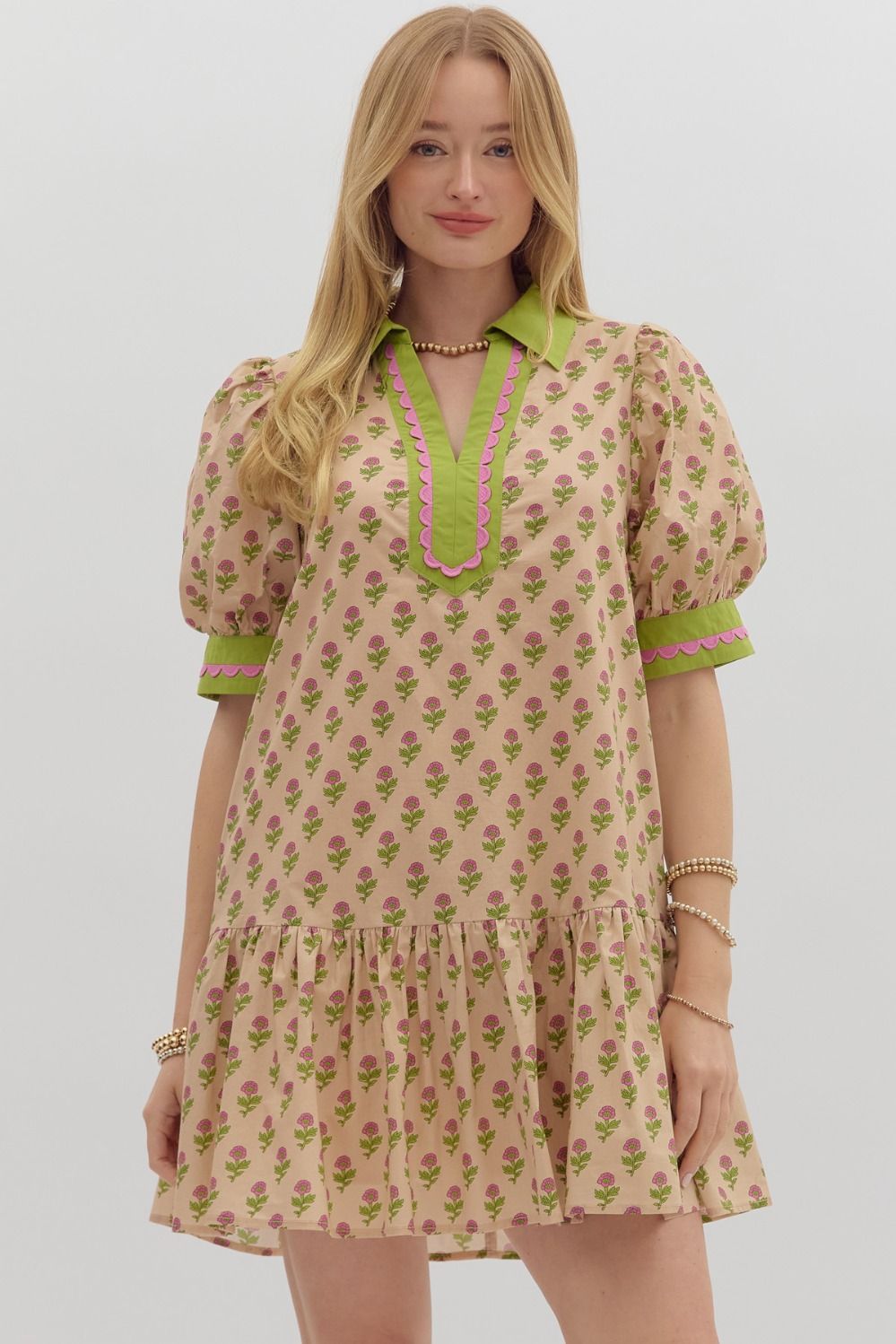 D27511 Floral Print Bubble Sleeve Dress