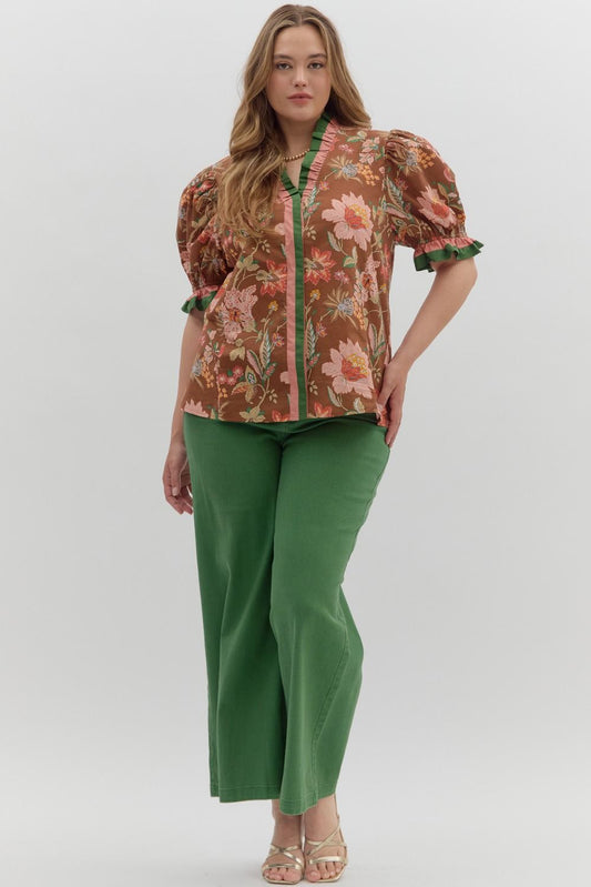 T27949P Curvy Floral Print Puff Sleeve Top