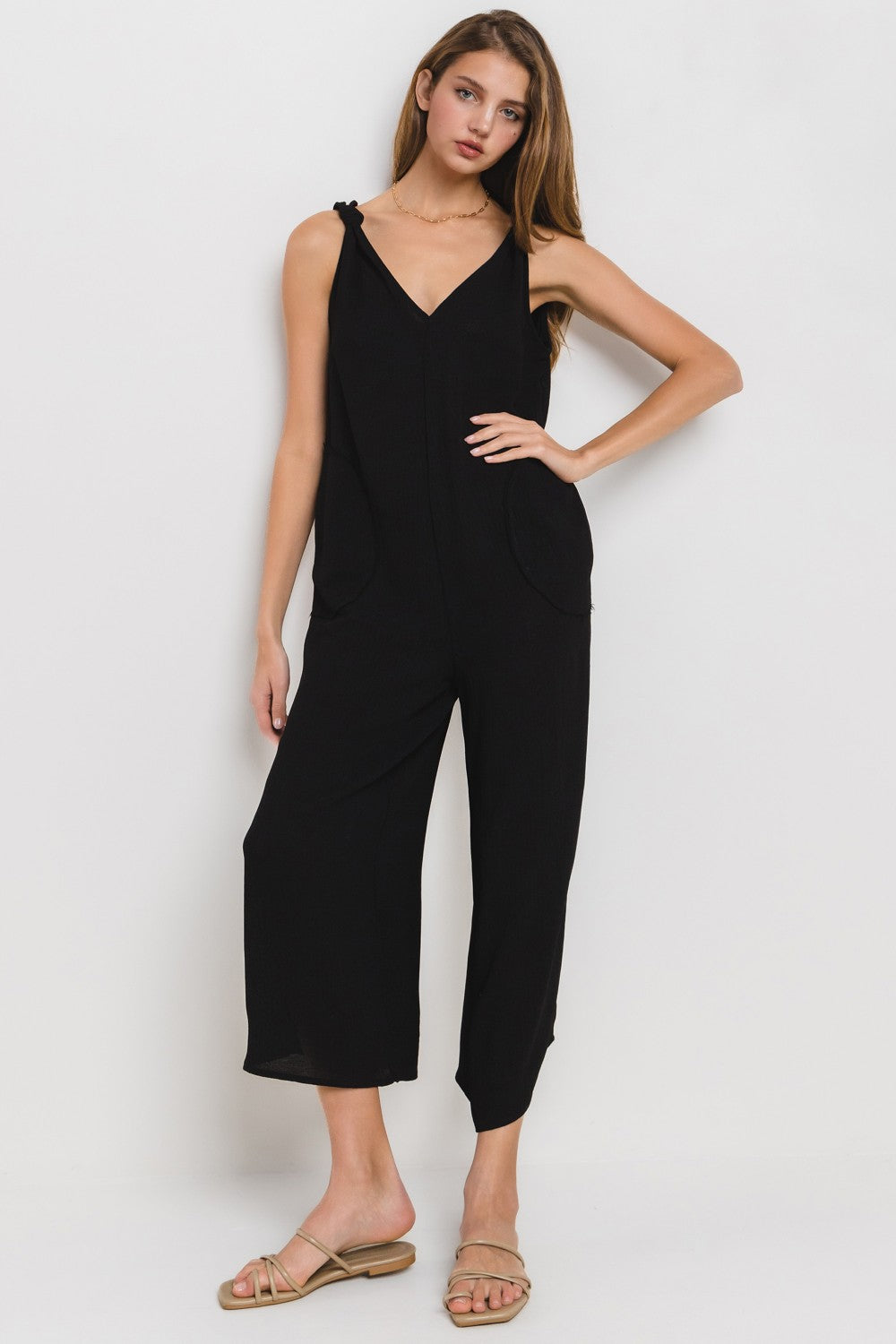 BEU62052SA Solid V-Neck Jumpsuit