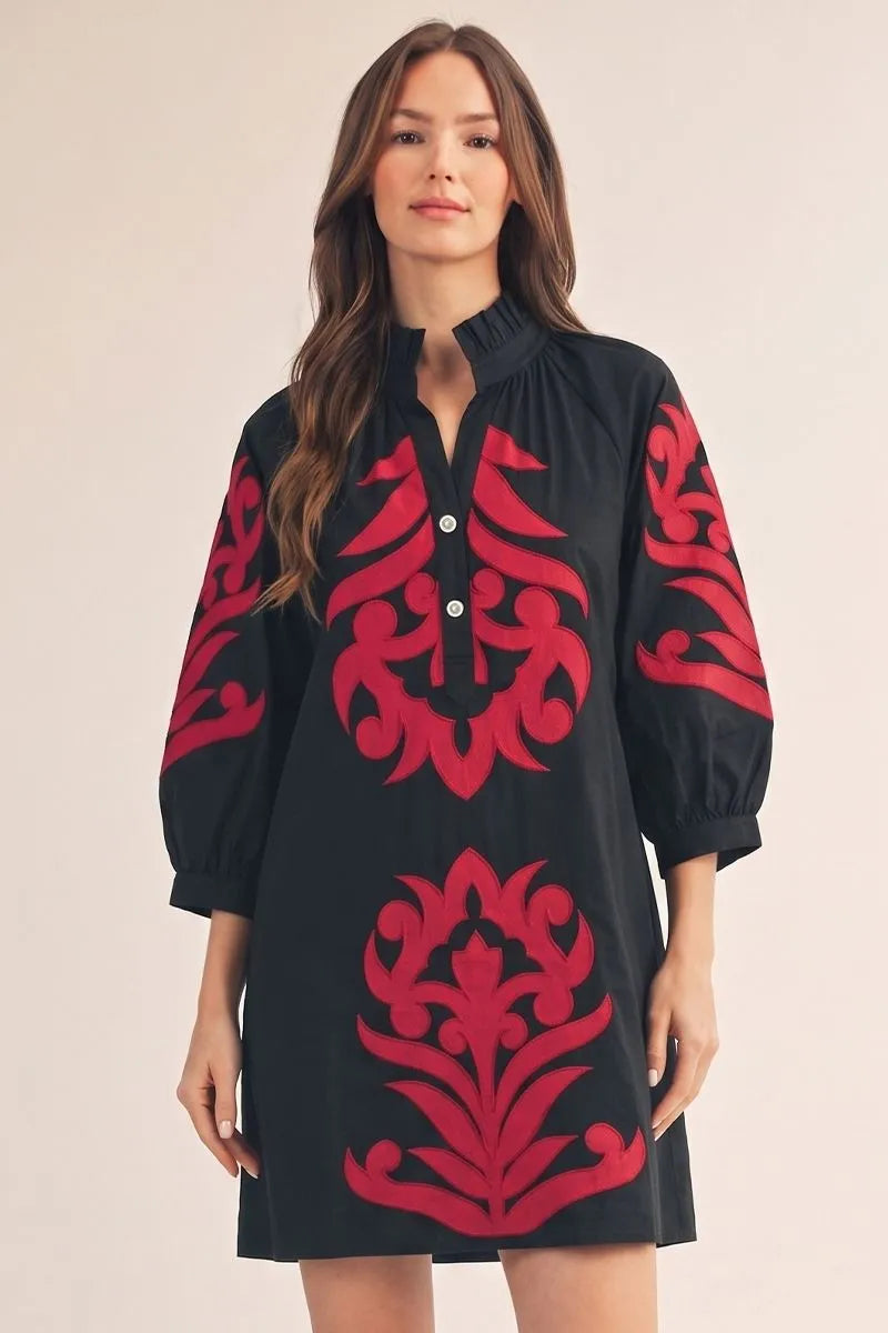 G15266 3/4 Sleeve Baroque Appliqué Dress