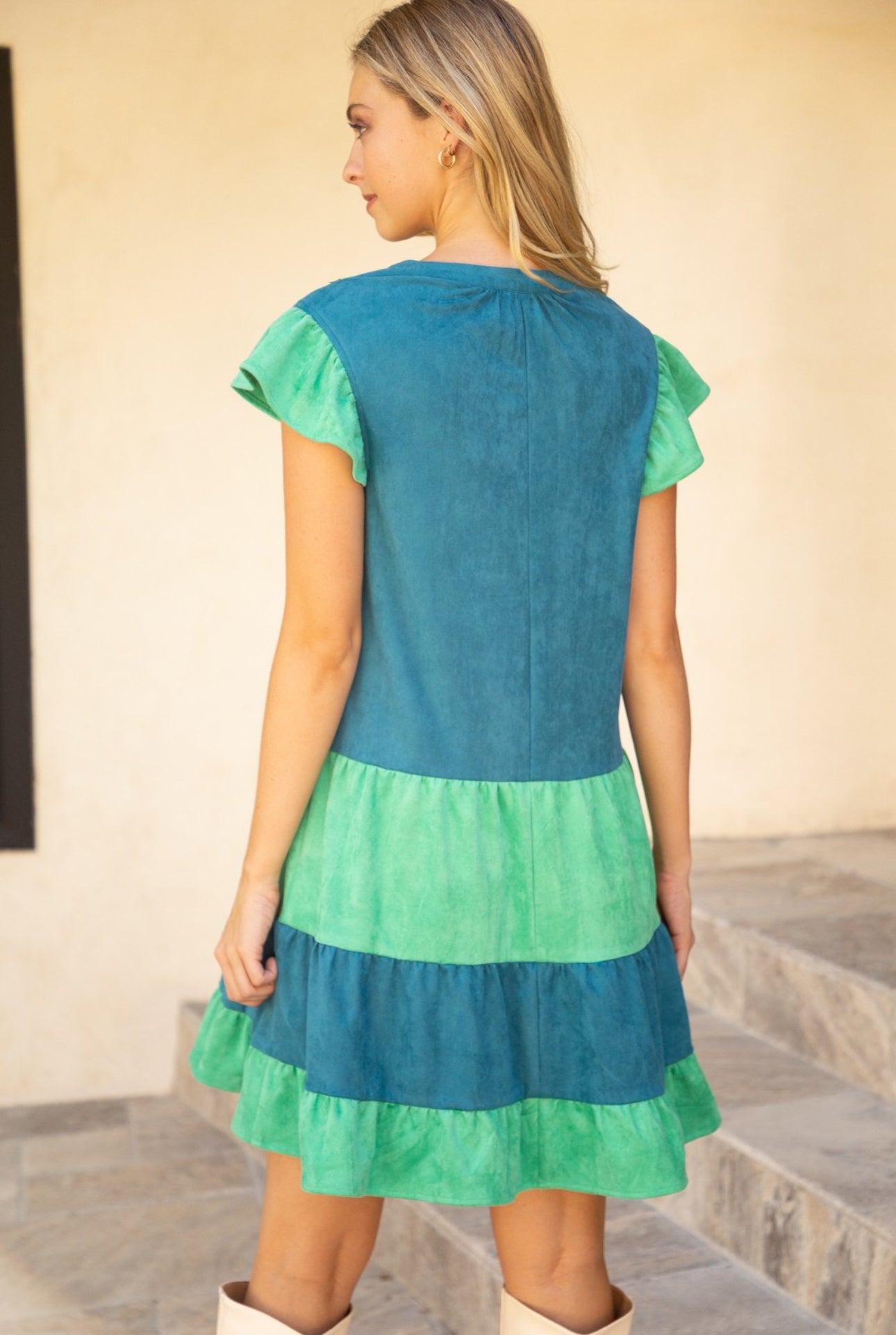 33251 Wavy Trim Colorblock Tiered Dress
