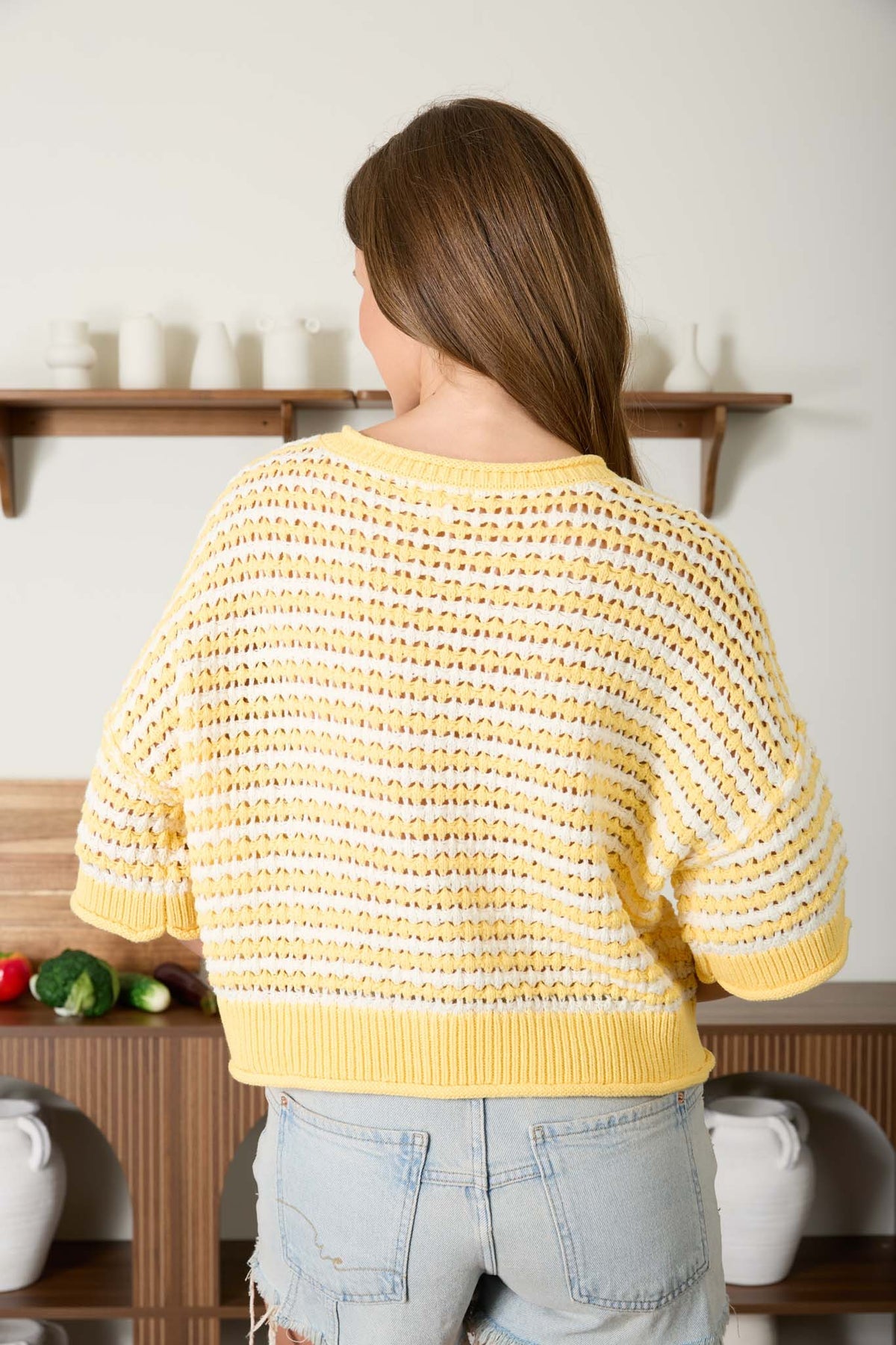 B6ST1032 Stripe Open Crochet Sweater Top