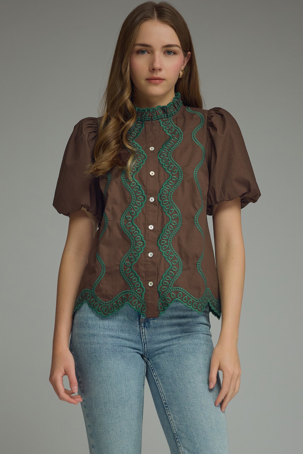 T31792 Embroidered Scallop Trim Detail Top