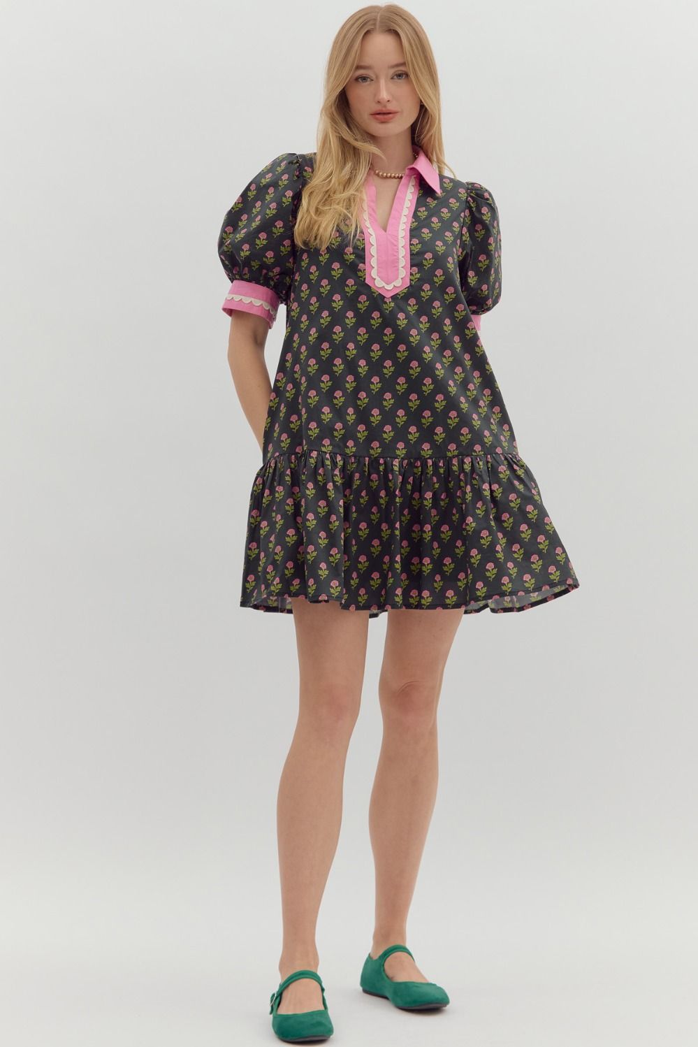 D27511 Floral Print Bubble Sleeve Dress